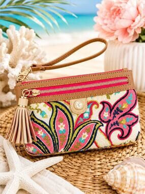 Spartina 449 Floral Wristlet Clutch Wallet with Tassel Zip Pull